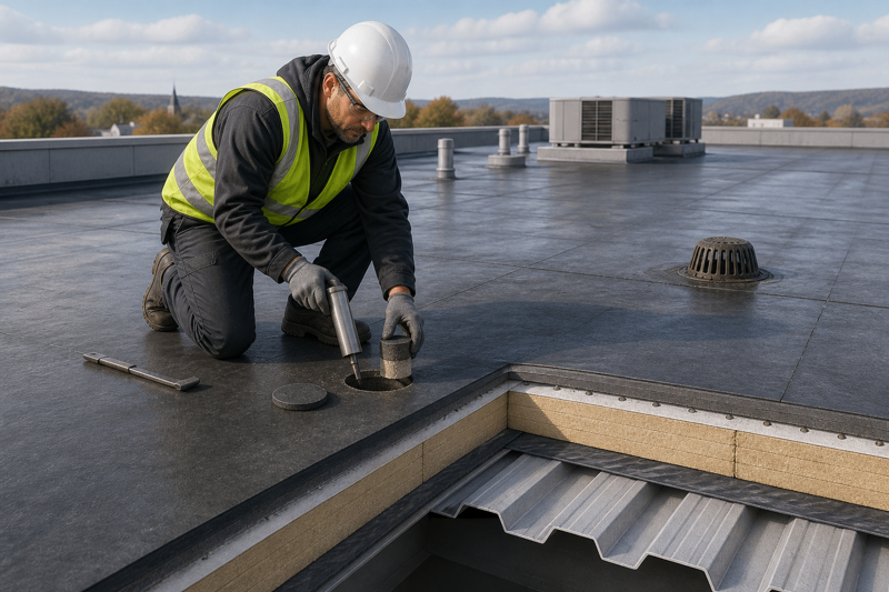 Illustration of a commercial flat-roof core sample and roof assembly